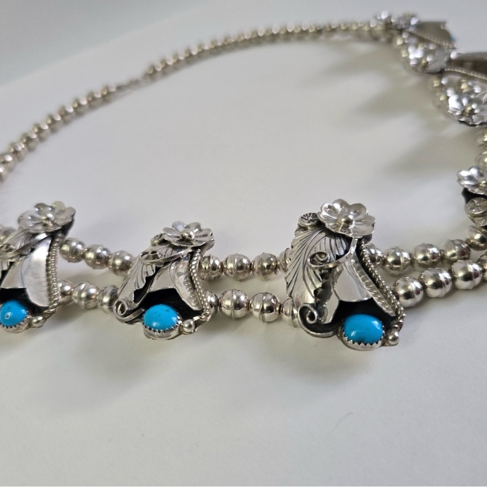 Sterling Silver 925 and Turquoise Floral Squash Blossom Necklace - Picture 8 of 16
